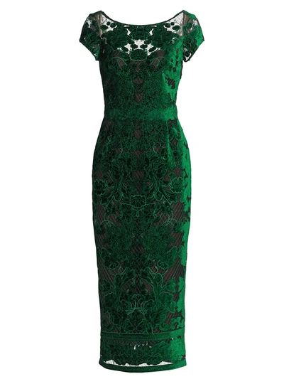Marchesa Notte Lace Sheath Midi Dress In Emerald