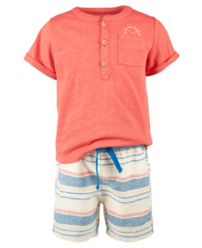 First Impressions Kids' Baby Boys Henley & Striped Shorts Set, Created For Macy's In Coral