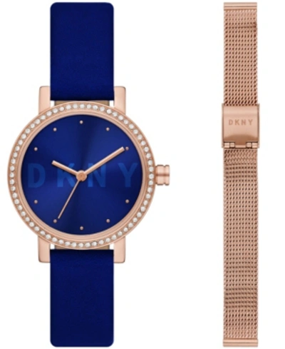 Dkny Women's Soho Three-hand, Rose Gold-tone Stainless Steel Watch And Strap Set In Blue