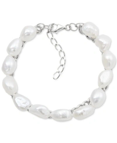 Macy's Cultured Freshwater Baroque Pearl (9-10mm) Layered Chain Bracelet In Sterling Silver