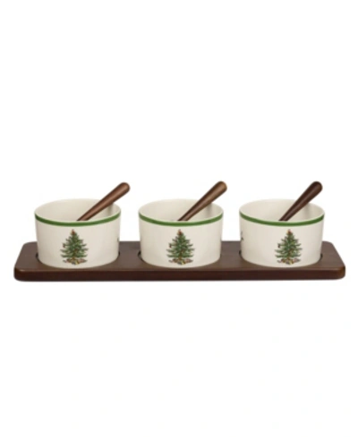 Spode Christmas Tree Condiment Bowl And Spoon Set, 7 Pieces In White Multi