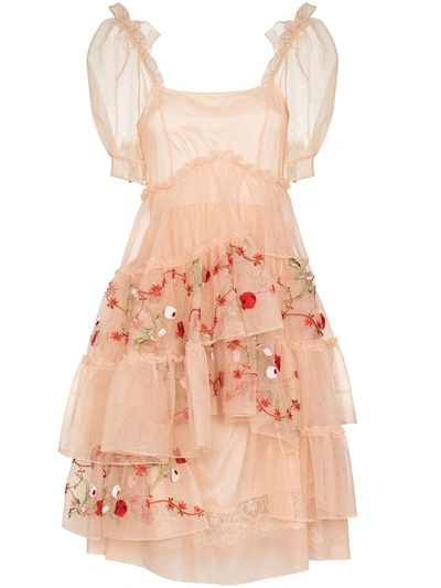 Simone Rocha Tiered Gathered Floral Design Tulle Midi Dress In Pink