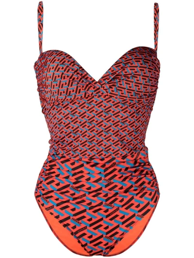 Versace Greca Print Swimsuit In Red