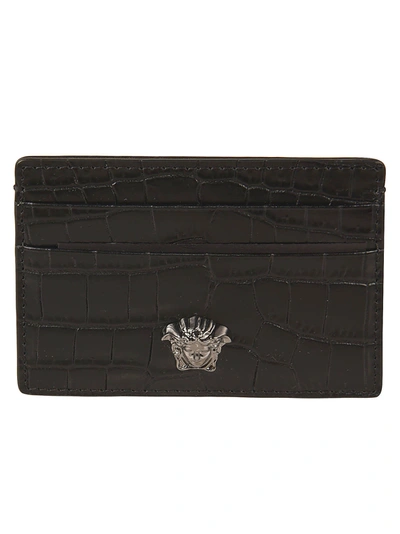 Versace Croco Embossed Medusa Head Card Holder In Black