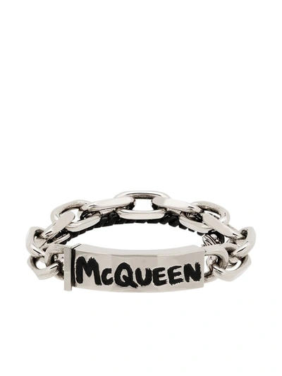 Alexander Mcqueen Silver Tone Graffiti Chain Bracelet In Antique Silver