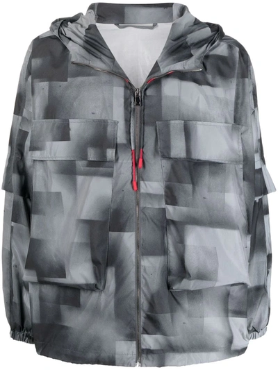 A Better Mistake Geometric-print Hooded Jacket In Grau