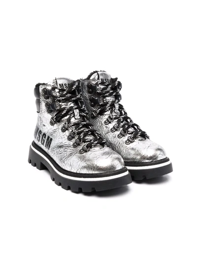 Msgm Kids' Metallic Leather Ankle Boots In Silver