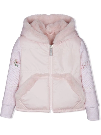Lapin House Babies' Hooded Faux-fur Knit-sleeve Jacket In Pink