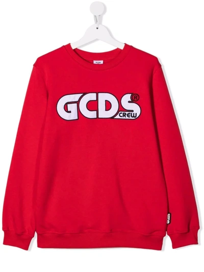 Gcds Teen Embroidered Logo Cotton Sweatshirt In Red