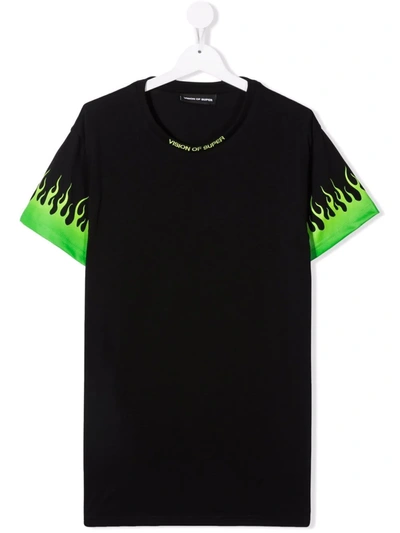 Vision Of Super Teen Flame-print Cotton T-shirt In Black