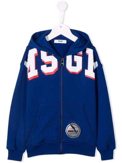 Msgm Kids' Logo Lettering Zip-up Hoodie In Blue