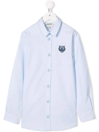 Kenzo Kids' Logo Embroidered Oxford Shirt In Blue