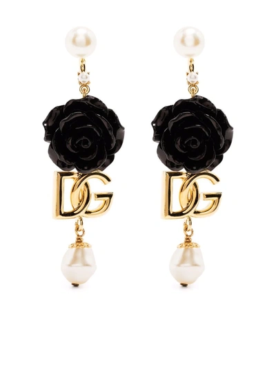 Dolce & Gabbana Drop Earrings With Roses And Dg Logo In Gold