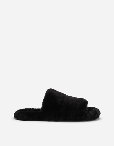 Dolce & Gabbana Faux Fur Sliders In Black