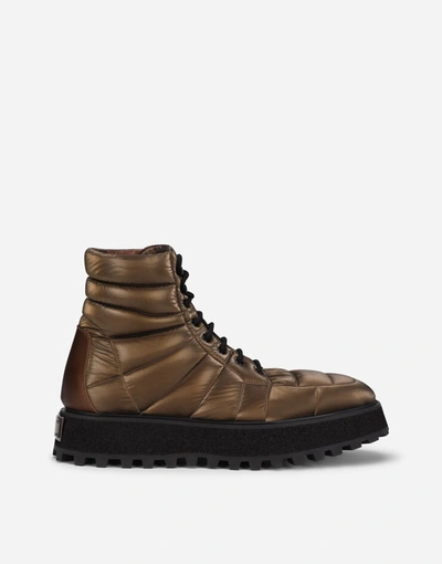 Dolce & Gabbana Quilted Nylon Ankle Boots With Branded Plate In Bronze