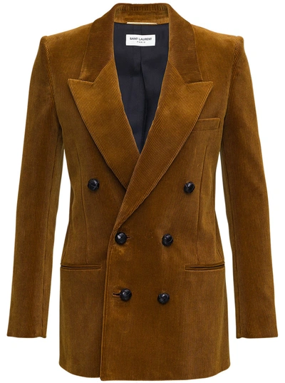 Saint Laurent Double-breasted Blazer In Brown Suede Leather In Beige