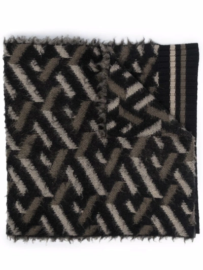 Versace Monogram Jacquard Brushed Wool Scarf In Khaki,black