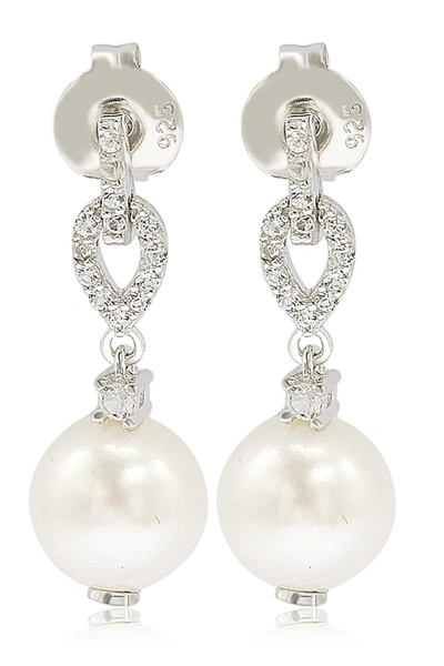Suzy Levian Sterling Silver 8mm Freshwater Pearl & Created Sapphire Dangle Earrings In White