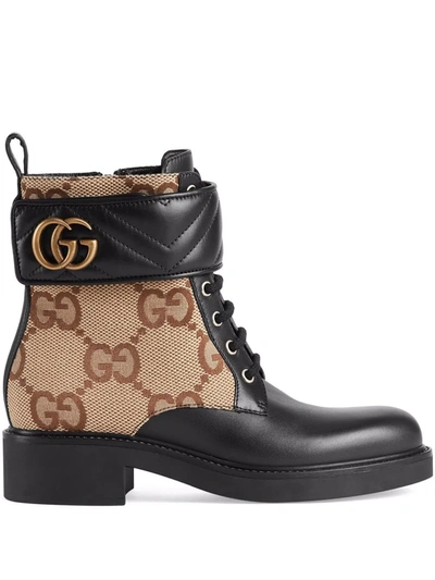 Gucci Gg Marmont Round-toe Leather And Canvas Ankle Boots In Black