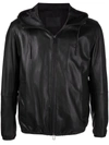 EMPORIO ARMANI HOODED LOGO-PLAQUE LEATHER JACKET