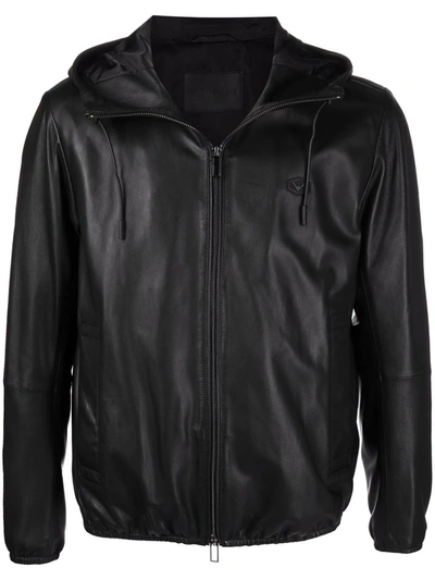 Emporio Armani Hooded Logo-plaque Leather Jacket In Black