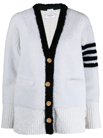 Thom Browne 4-bar Stripe Shearling Cardigan In White