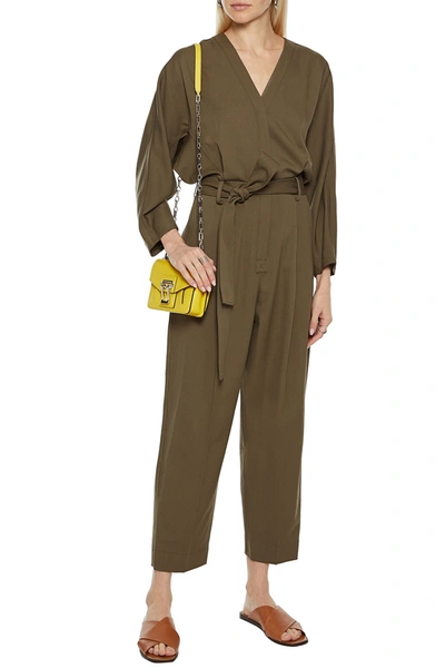 3.1 Phillip Lim Cropped Belted Washed Wool-twill Jumpsuit In Army Green