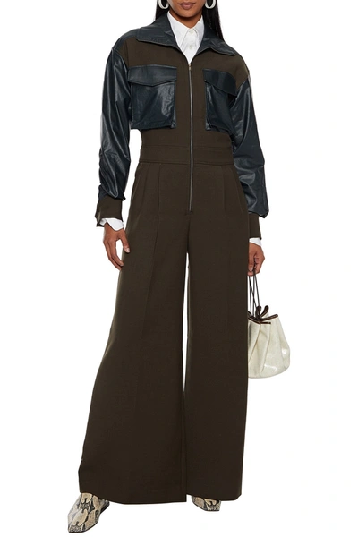 Rejina Pyo Tate Faux Leather-paneled Wool-blend Twill Wide-leg Jumpsuit In Army Green