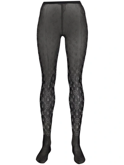 Philipp Plein Embellished Monogram-print Tights In Black