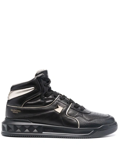 Valentino Garavani Men's Rock Stud Mid Top Sneakers In Black/platinum