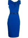 Black Halo Jackie Belted Stretch Gabardine Sheath Dress In Blue