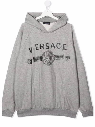 Versace Kids' Hooded Logo Sweatshirt In Grey