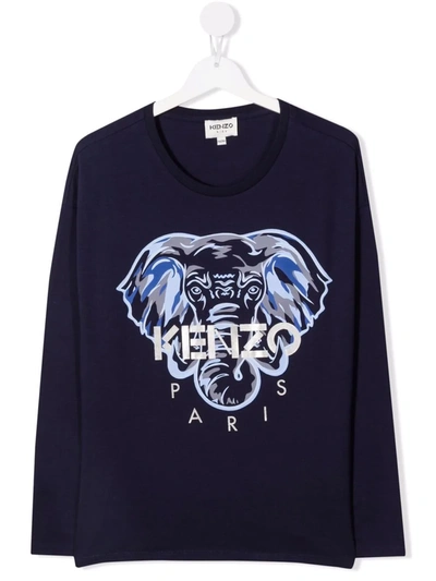 Kenzo Kids' Elephant-print Long-sleeve T-shirt In Blue