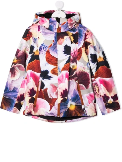Molo Kids' Floral-print Hooded Padded Jacket In Pink