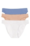 On Gossamer 3-pack Cotton Hip Bikinis In White/ Champagne/ Blue Mist