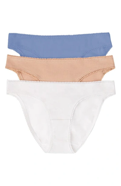 On Gossamer 3-pack Cotton Hip Bikinis In White/ Champagne/ Blue Mist