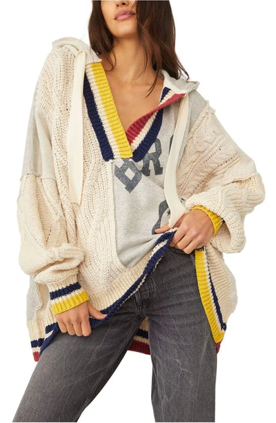 Free People Clash Mixed Media Hooded Sweater In Ivory Combo