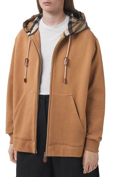 Burberry Poulter Check Oversize High-low Cotton Hoodie In Brown