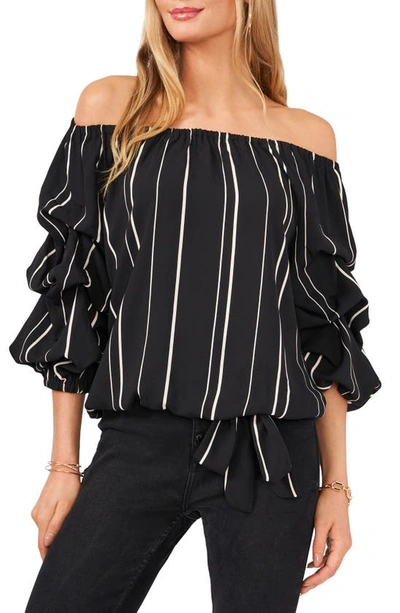 Vince Camuto Stripe Balloon Sleeve Off The Shoulder Blouse In Rich Black