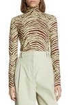 Proenza Schouler White Label Geometric Zebra Jersey Turtleneck Top In Pistachio/ Burgundy