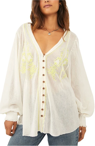 Free People Margie Embroidered Cotton Button Front Top In Ivory