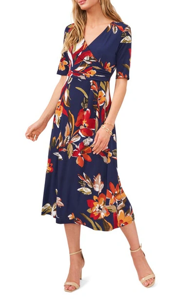 Chaus Floral Wrap Front Knit Midi Dress In Navy/ Rust