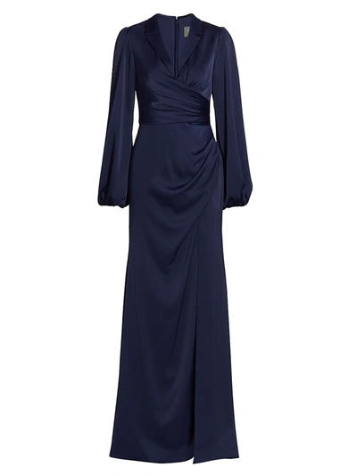 Theia Kali Wrapped Satin Gown In French Navy