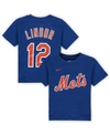 NIKE TODDLER BOYS AND GIRLS FRANCISCO LINDOR ROYAL NEW YORK METS PLAYER NAME AND NUMBER T-SHIRT