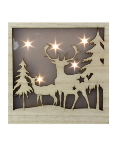 Northlight Two Deer And Trees Cut-out With Led Lighted Stars Christmas Wood Box In Brown