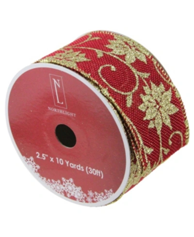 Northlight Cranberry Red And Gold Poinsettia Burlap Wired Christmas Craft Ribbon 2.5" X 10 Yards