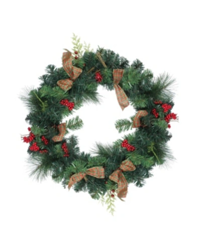 Northlight 24" Green Foliage Pinecones And Berries Wreath With Tartan Ribbon