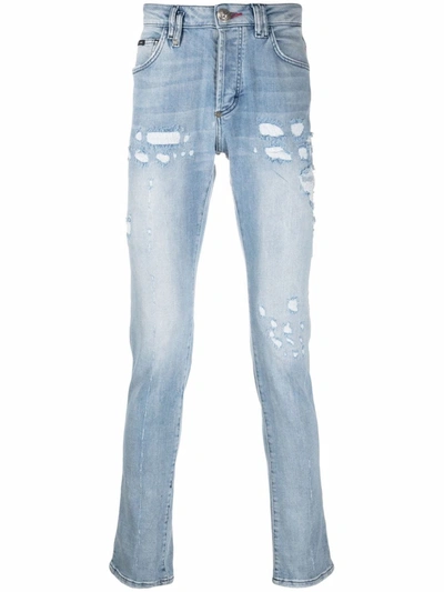 Philipp Plein Super Straight Stonewash Distressed Jeans In Blau