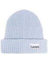 Ganni Rib-knit Logo-patch Beanie In Light Blue