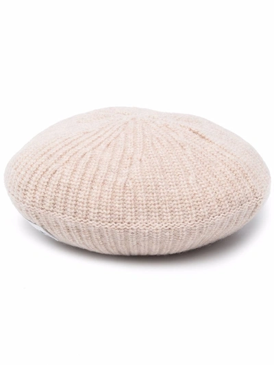 Ganni Logo-patch Ribbed-knit Beret In Nude & Neutrals